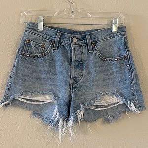 Levi’s 501 Cutoff Jean Shorts in Light Blue w/ Silver Stud/Gem Details, Sz 24